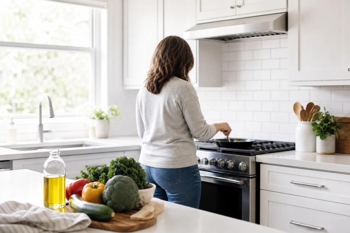 A woman cooking at a stove in a bright white kitchen with a bottle of golden cooking oil and fresh vegetables on the counter