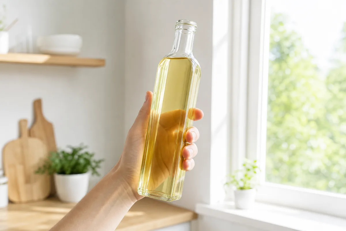 A hand holding a glass bottle of pale golden cooking oil up to bright window light