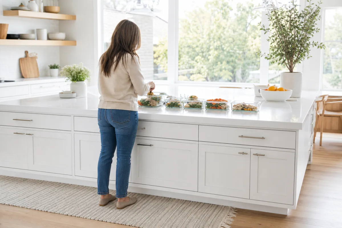 A woman portioning cooked food into glass meal prep containers at a bright white kitchen island