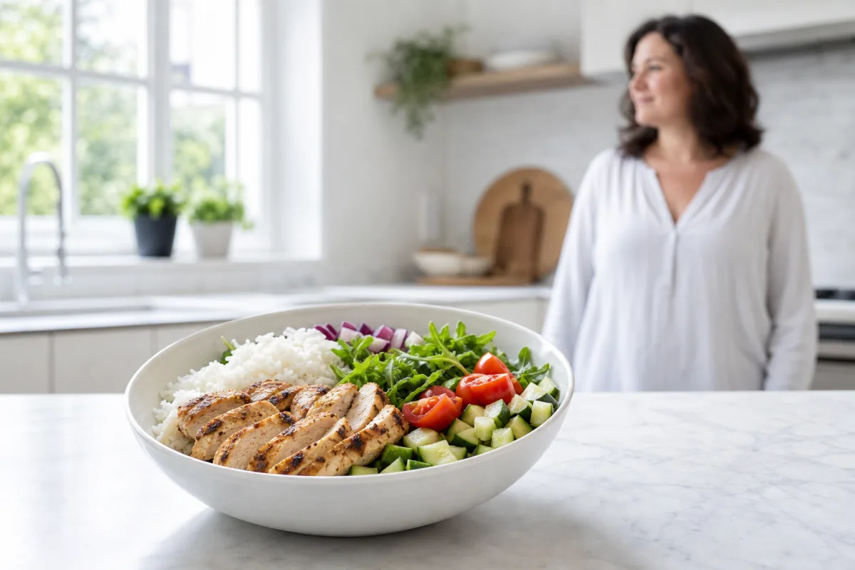A white bowl of grilled chicken, rice and fresh vegetables on a bright kitchen counter with a woman out of focus behind