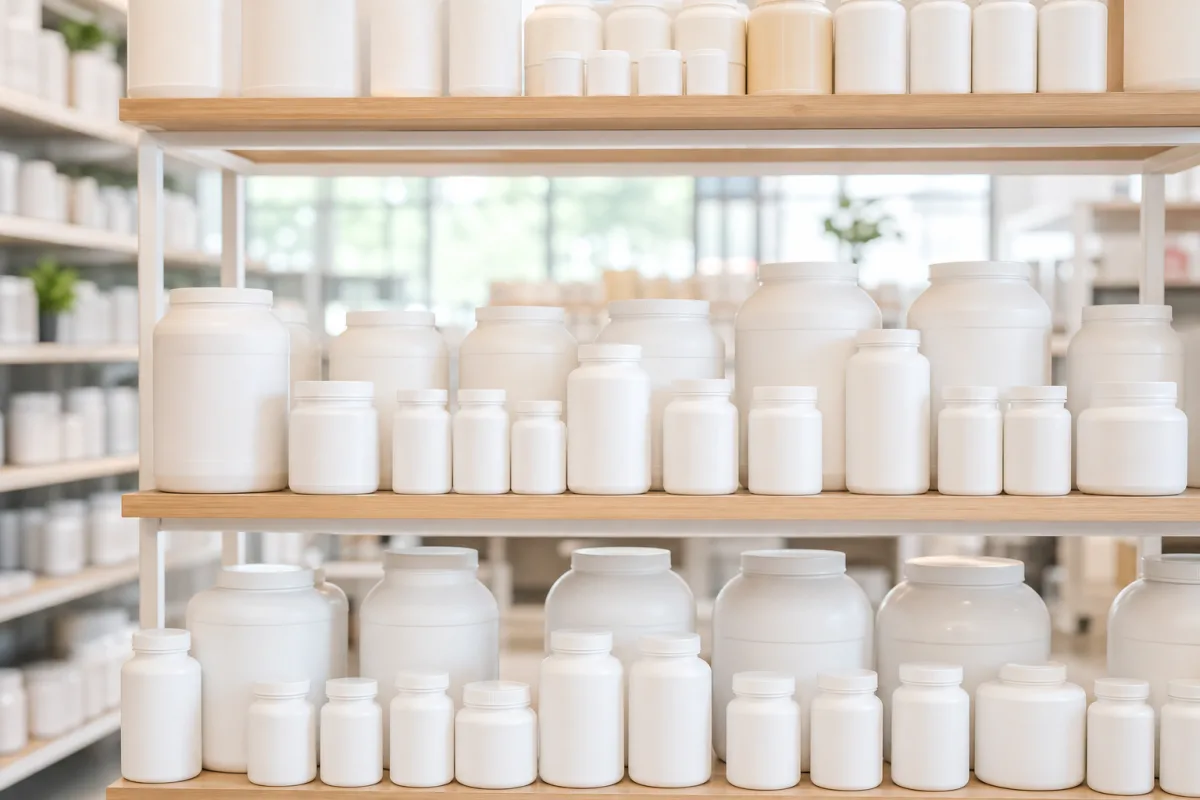 A brightly lit retail supplement shelf with rows of plain unlabeled bottles and tubs