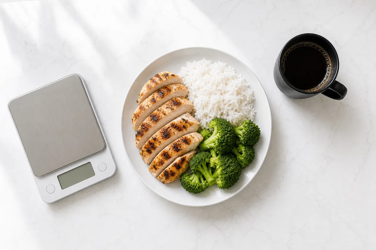 An overhead view of a plated meal of grilled chicken, rice and broccoli beside a small kitchen scale and a cup of black coffee on a bright counter