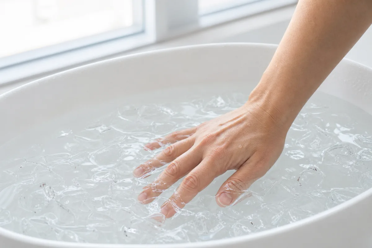 A hand and forearm lowering into clear ice water in a white tub