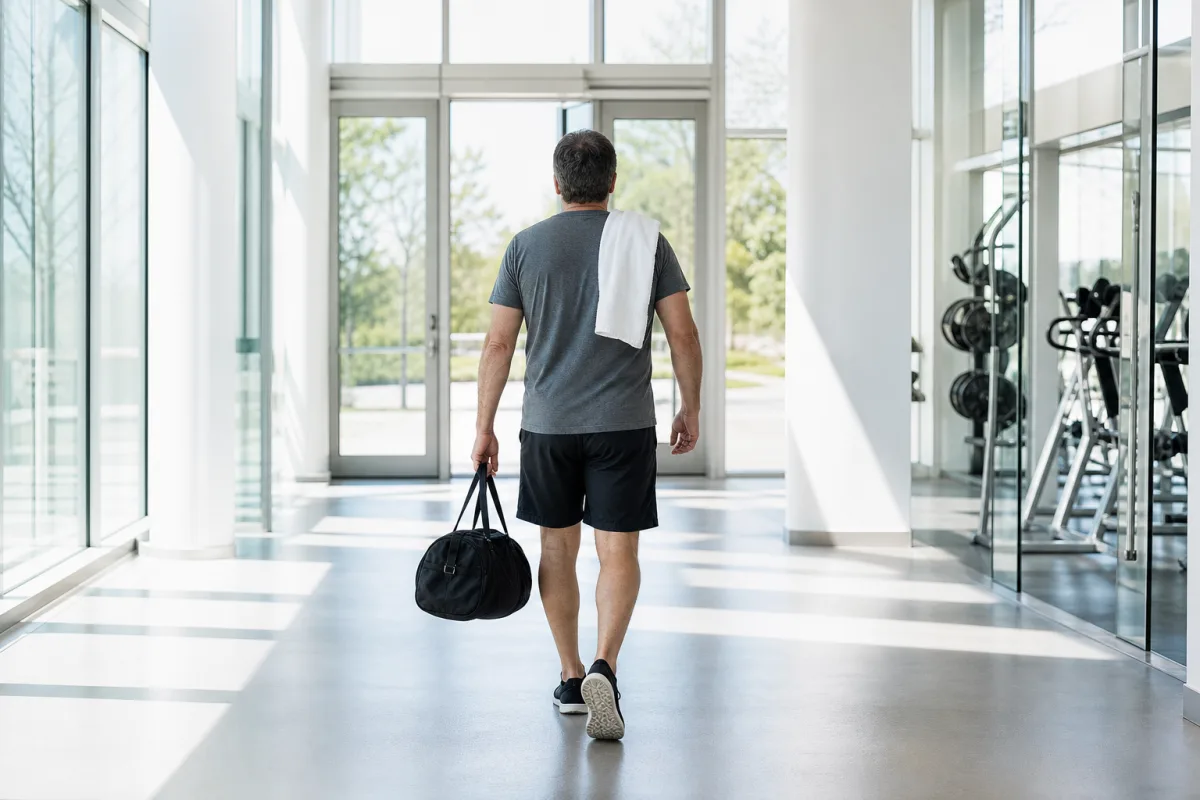 A man walking out of a bright gym with a white towel over his shoulder and a gym bag, photographed from behind