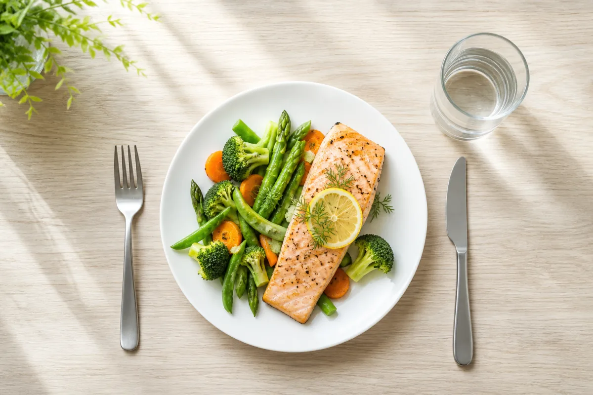 An overhead view of a bright dining table with a plated salmon and vegetable meal and a full glass of water beside it