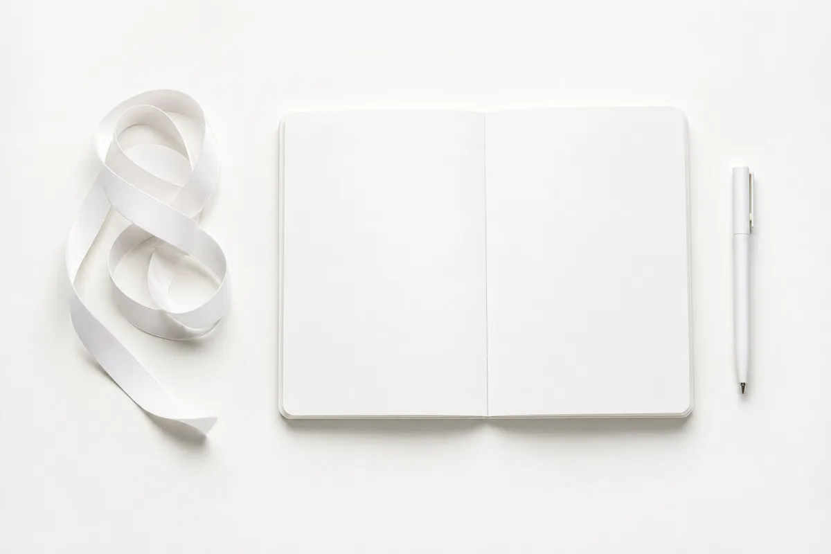 A cloth measuring tape, an open blank notebook, and a pen arranged on a bright white surface