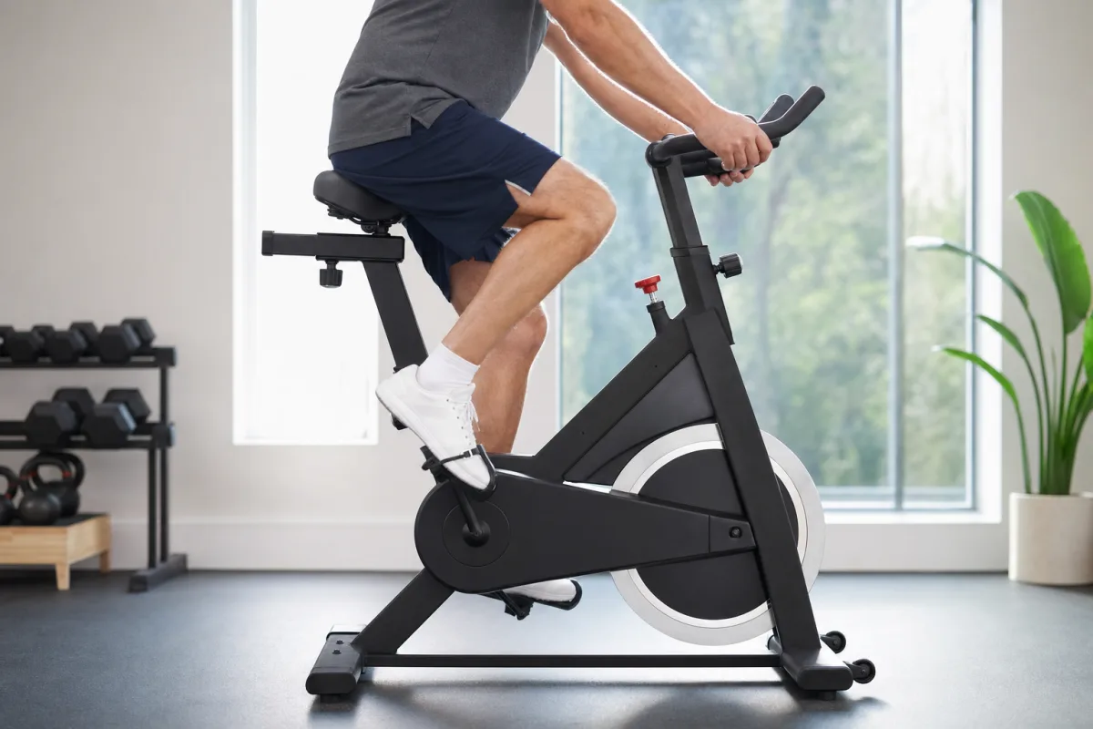 A man riding a stationary bike at easy effort in a bright airy gym