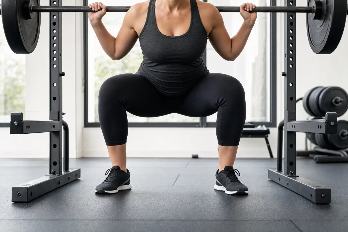 A woman squatting with a barbell in a rack in a bright gym, knees tracking out over her toes