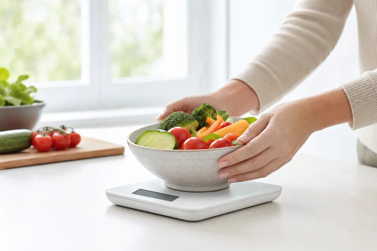 Hands placing a bowl of fresh vegetables onto a digital kitchen scale on a bright white counter