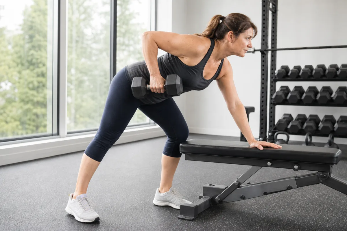 A woman performing a single-arm dumbbell row braced on a bench in a bright naturally lit gym