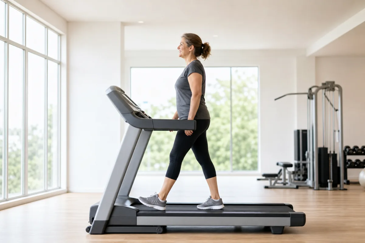 A woman walking at an easy pace on a treadmill in a bright gym, photographed from the side