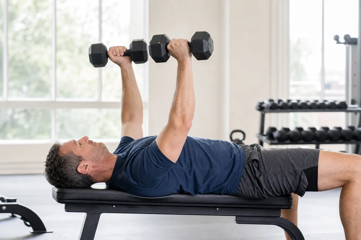 A man performing a dumbbell bench press on a flat bench in a bright gym, gripping both dumbbells with a closed wrap grip