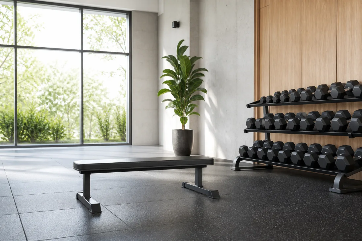 A bright, nearly empty gym floor in early morning light with a flat bench, a dumbbell rack, and open floor space