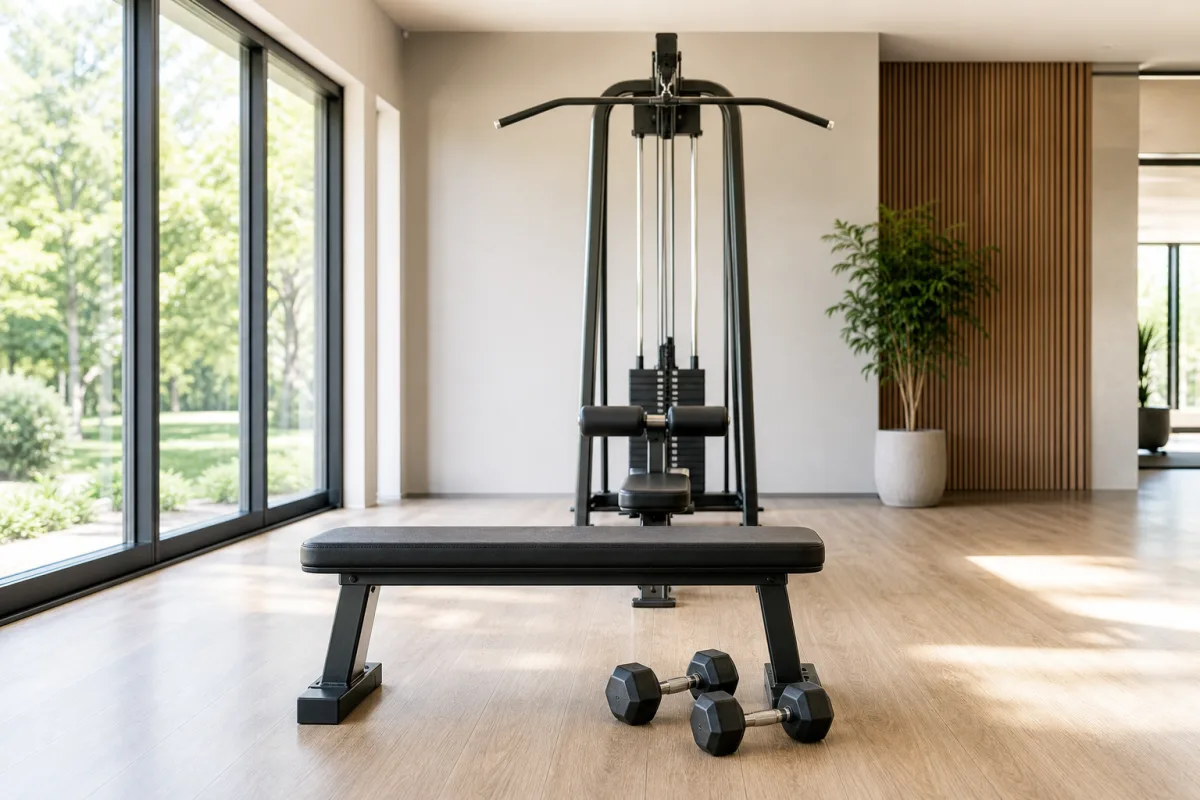 A flat bench with two dumbbells on the floor beside it and a cable pulldown station directly behind, staged and empty in a bright gym
