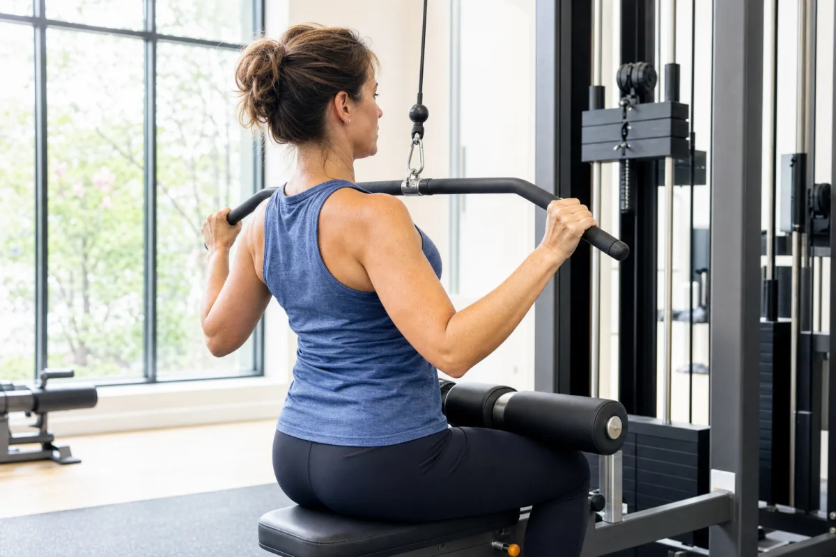 A woman performing a lat pulldown in a bright gym with a closed wrap grip on the bar, photographed from behind